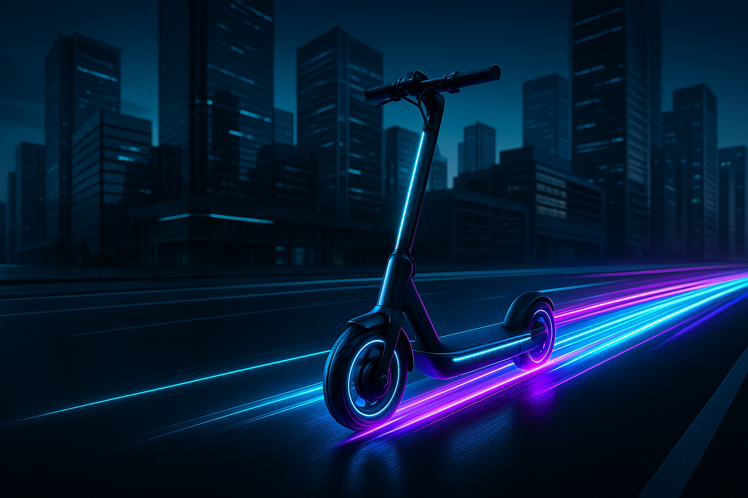 Crea una imagen de un patín en un camino negro, dejando una marca de neones a su paso en el suelo futurista moderno en 4K. Buena calidad llamativo