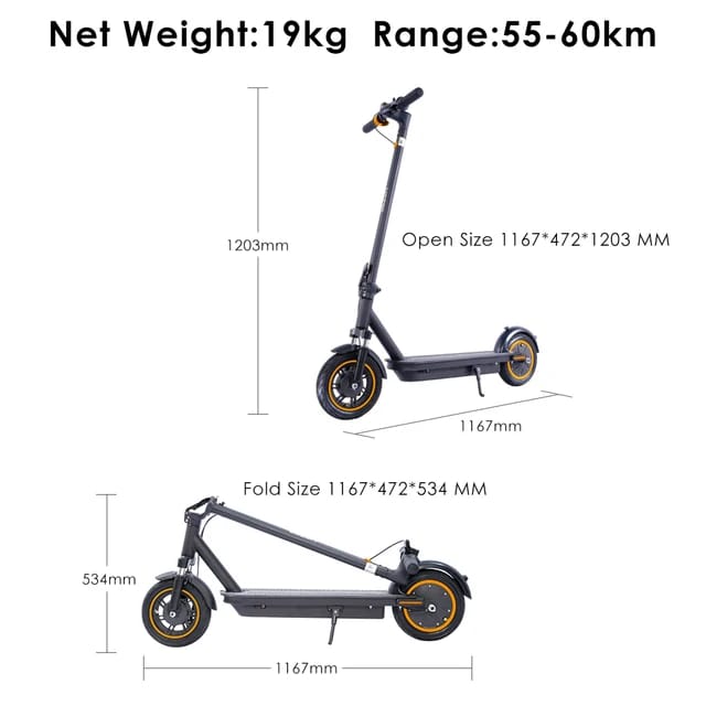 Dimensiones del patinete PowerRide Pro: peso neto 19 kg, autonomía 55-60 km y medidas plegado